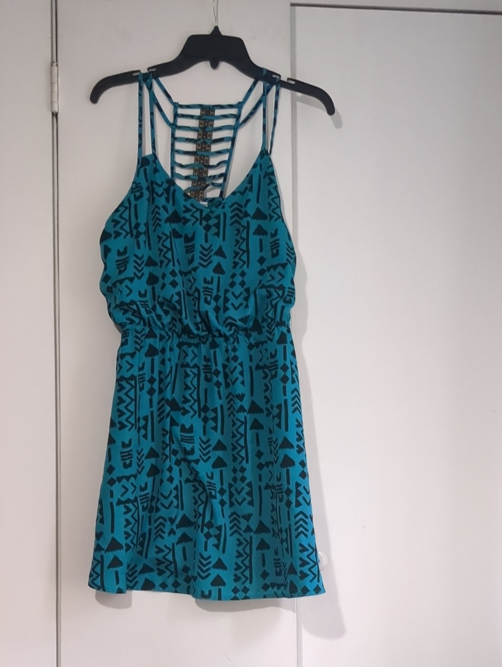 Three Hearts Teal and Black Strappy Mini Dress